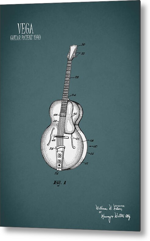 Guitar Patent Metal Print featuring the photograph Vega Guitar Patent 1949 by Mark Rogan