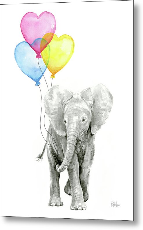 Elephant Metal Print featuring the painting Watercolor Elephant with Heart Shaped Balloons by Olga Shvartsur