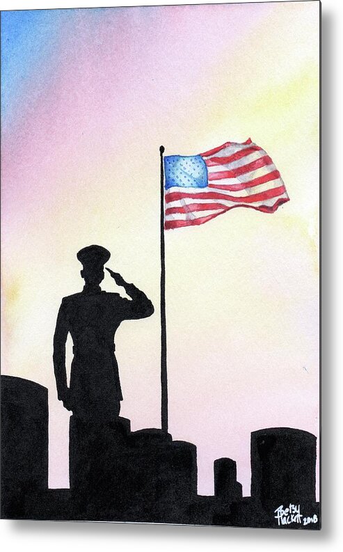 Memorial Day D D-day Normandy Battle Cemetery Graveyard Flag Flying Salute Tombstone Death Honor Commitment Sacrifice Ultimate Remember Remembrance We Watercolor Ink Signed Betsy Hackett Elizabeth 2018 Sunset Integrity Veteran Sacrificed Infamy Lives Usmc Marines Oohrah Marine America American Merica Flag Cemetary Murica Funeral Condolences Honors Military Somber Poignant Metal Print featuring the painting We Remember by Betsy Hackett