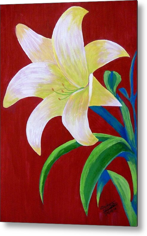 White Metal Print featuring the painting White Lilly by Silpa Saseendran