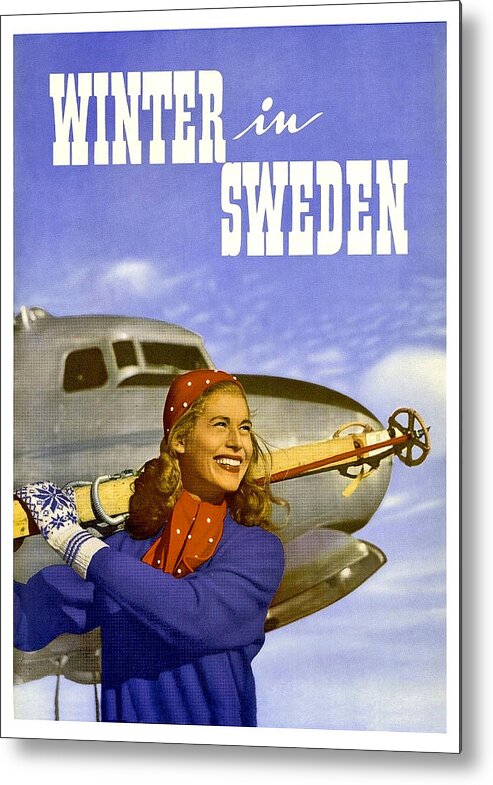 Winter Metal Print featuring the painting Winter in sweden woman with skies, airline travel poster by Long Shot
