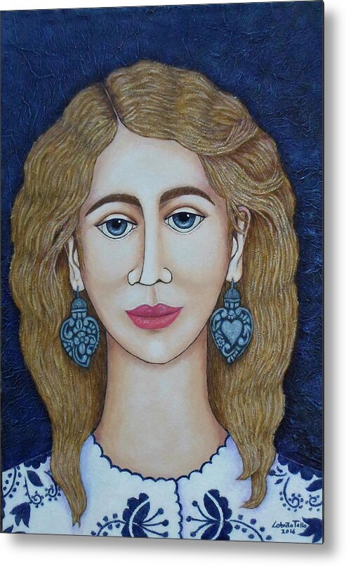Woman Metal Print featuring the painting Woman with silver earrings by Madalena Lobao-Tello