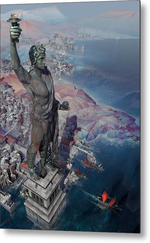 Landscape Metal Print featuring the digital art wonders the Colossus of Rhodes by Te Hu