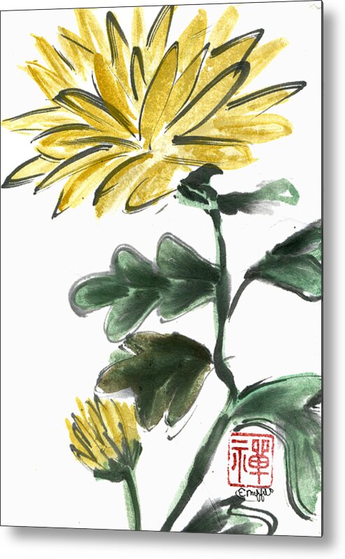 Chrysanthemums Metal Print featuring the painting Yellow Chrysanthemum by Ellen Miffitt