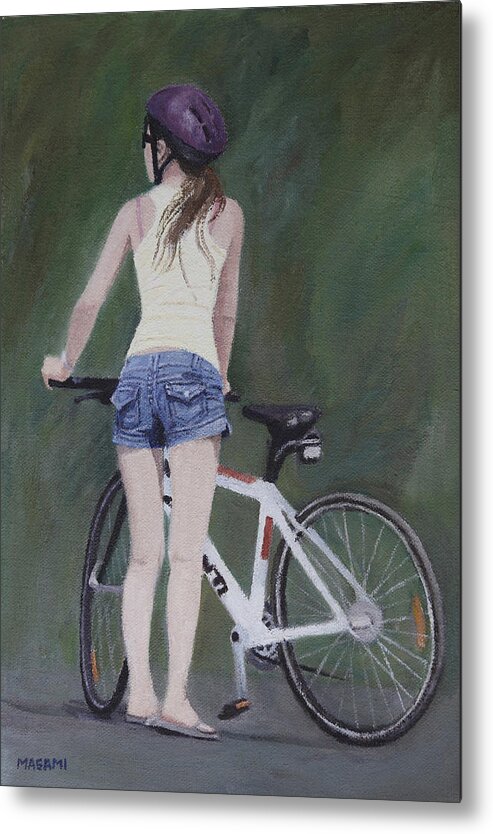 Park Metal Print featuring the painting Young Girl And Bicycle by Masami Iida