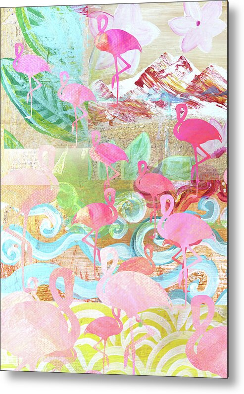 Flamingo Collage Metal Print featuring the mixed media Flamingo Collage by Claudia Schoen