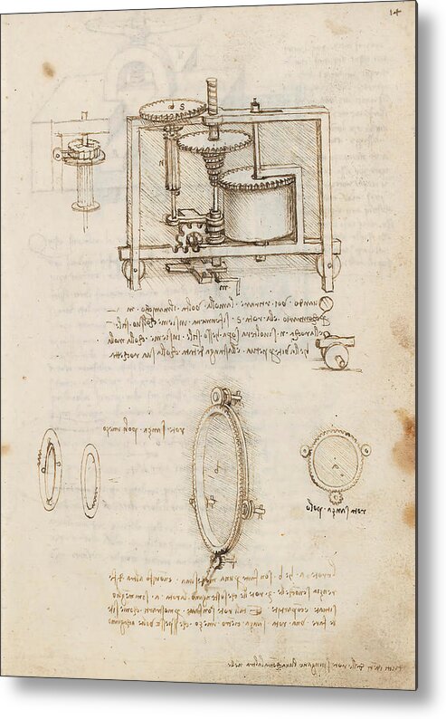 Codex Madrid I Metal Print featuring the drawing Folio f 14r. Codex Madrid I -Ms. 8937- 'Treaty of statics and mechanics', 192 folios with 384 pag... #1 by Album