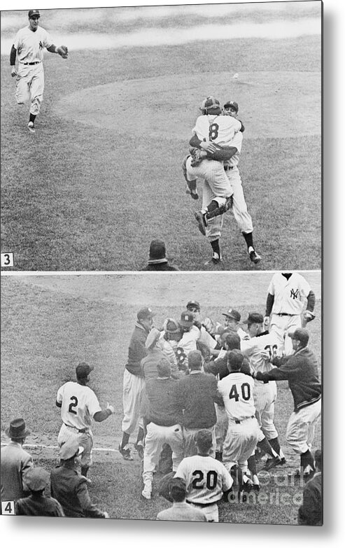 Following Metal Print featuring the photograph Yogi Berra Hugging Don Larsen #1 by Bettmann