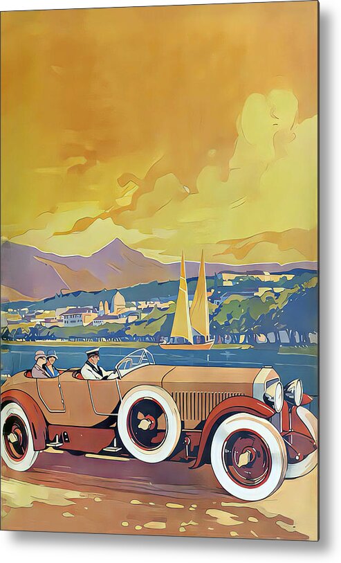 Vintage Metal Print featuring the mixed media 1926 Open Touring Car With Passengers Ocean Setting Original French Art Deco Illustration by Retrographs