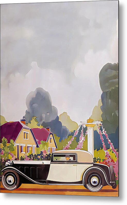 Vintage Metal Print featuring the mixed media 1932 Coupe With Driver In Rural Country Setting Original French Art Deco Illustration by Retrographs