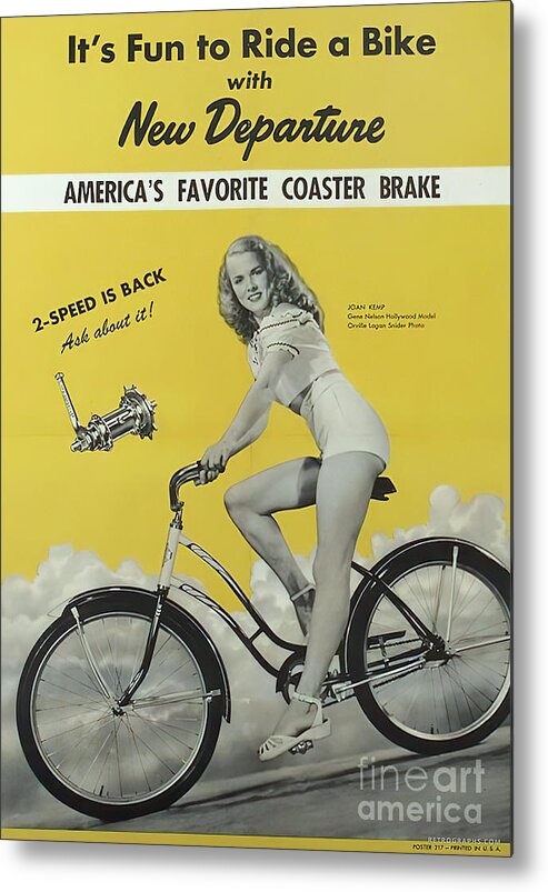 Vintage Metal Print featuring the mixed media 1950s New Departure Advertisement Coaster Bike With Woman by Retrographs