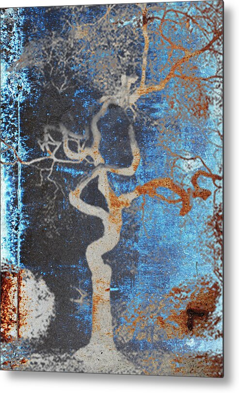 Chocolate Metal Print featuring the painting 2000 year old TOKYO TREE in Grunge blue and brown by Robert R Splashy Art Abstract Paintings