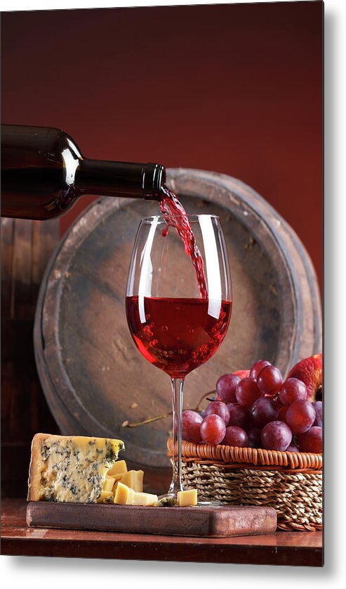Cheese Metal Print featuring the photograph Red Wine Poured Into Glas #5 by Valentinrussanov