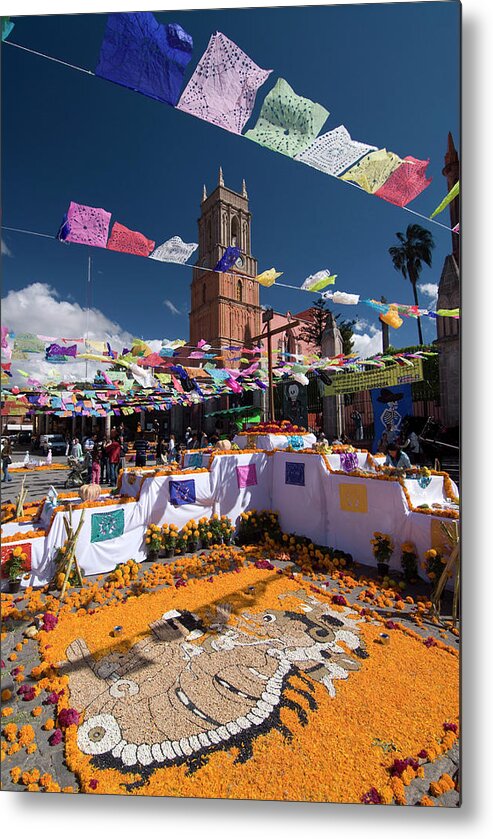 Decorations For The Day Of The Dead Festival With Iglesia De San Rafael In The Background Metal Print featuring the photograph 801-121 by Robert Harding Picture Library