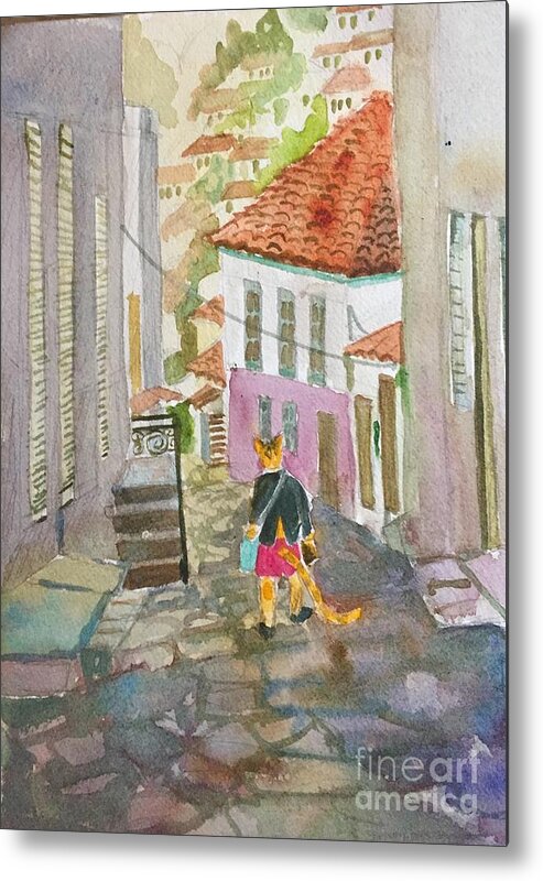 Cat Greek Islands Animals Fanciful Metal Print featuring the painting A Cat Takes a Walk in Hydra by Diane Renchler