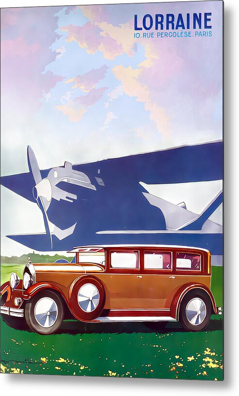 Vintage Metal Print featuring the mixed media Advertisement For 1930 Lorraine At Airfield Original French Art Deco Illustration by Retrographs