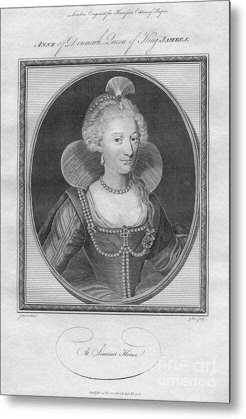 Engraving Metal Print featuring the drawing Anne Of Denmark, Queen Of King James I by Print Collector