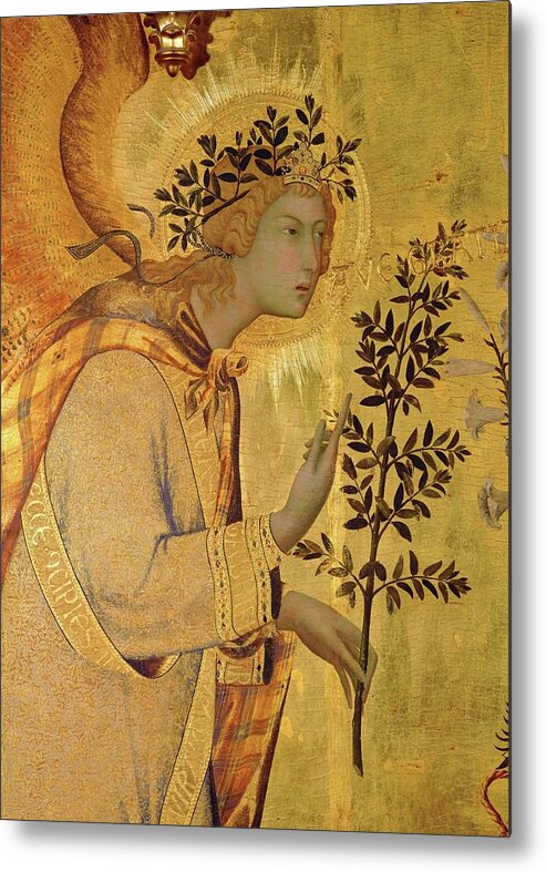Archangel Gabriel Metal Print featuring the painting Annunciation. Detail the Angel of the Annunciation. by Simone Martini -c 1284-1344-