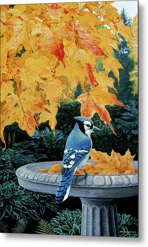 Bluejay Perched On A Birdbath With Autumn Leaves In It Metal Print featuring the digital art Autumn Birdbath by Ron Parker