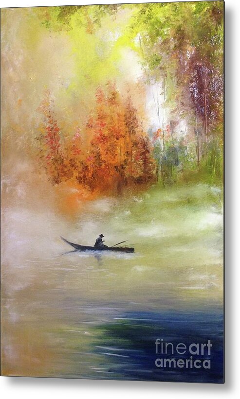 Autumn Metal Print featuring the painting Autumn dawning, Autumn colours, Fisherman on an autumn lake by Lizzy Forrester