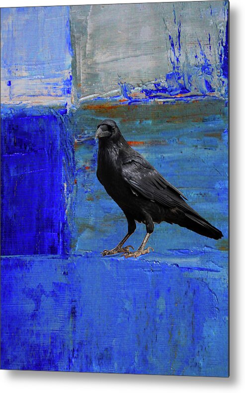 Blue Raven Metal Print featuring the painting Blue Thoughts by Nancy Merkle