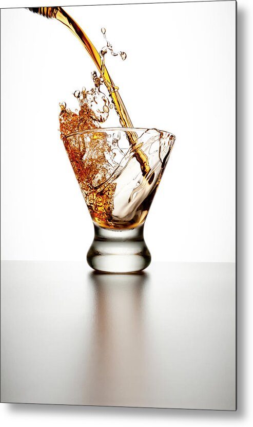 White Background Metal Print featuring the photograph Brown Liquor Splashing Into A Glass by Chris Stein