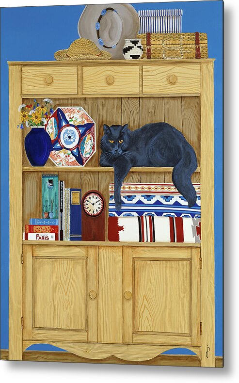 Black Cat Lying On A Shelf In A Hutch
Domestic Cats Metal Print featuring the painting Burger In A Favorite Spot by Jan Panico