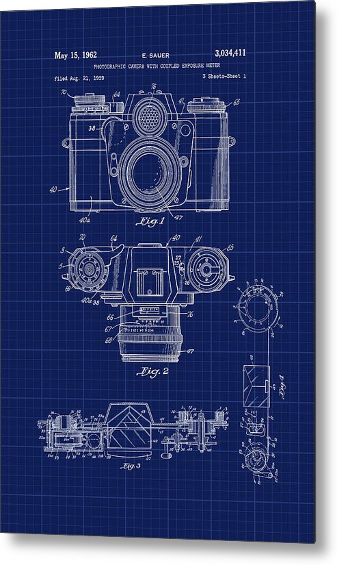 Patent Drawings Metal Print featuring the photograph Camera and Meter Patent CAD Drawing by Carlos Diaz