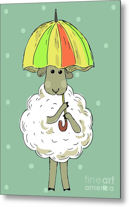 Snow Metal Print featuring the digital art Cartoon Sheep Under Umbrella by Tatiana Bauskova