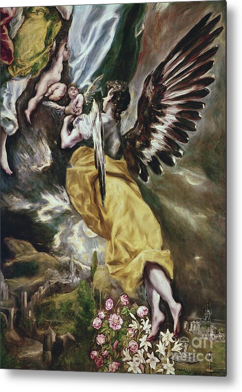 El Metal Print featuring the painting Detail Of Angel, Flowers, Marian Attributes And Toledo By El Greco by El Greco