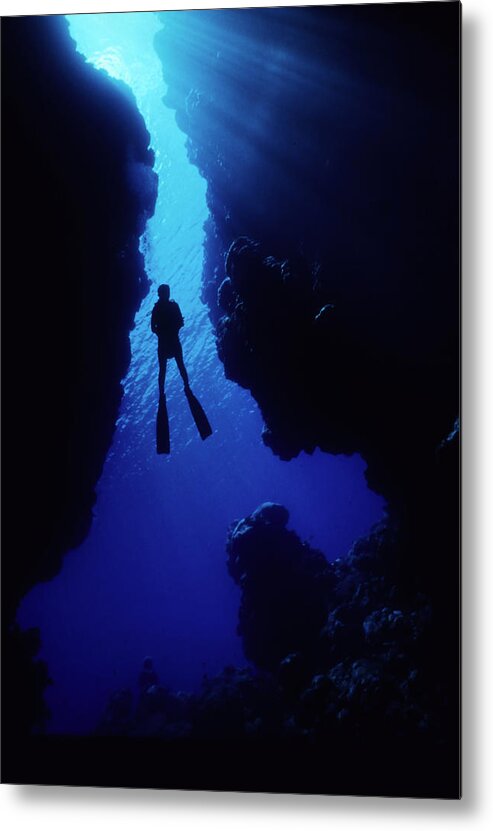 Underwater Metal Print featuring the photograph Diver In Cave Opening by Tammy616