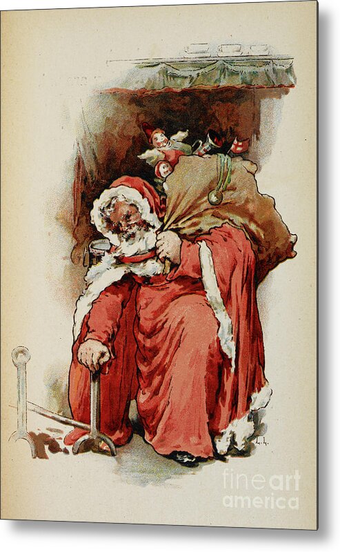 Gifts Metal Print featuring the painting Father Christmas Emerging From A Fireplace With A Sack Of Presents by European School