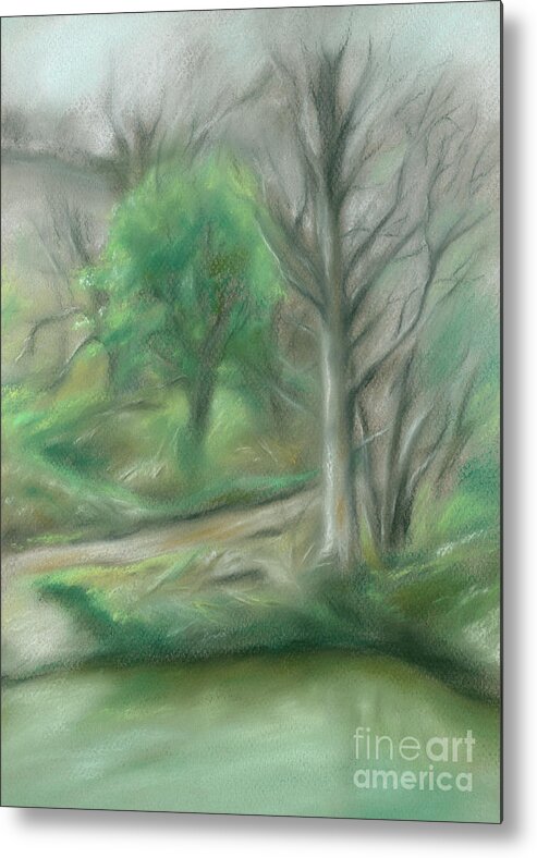 Landscape Metal Print featuring the painting Forest Lane by a Pond by MM Anderson