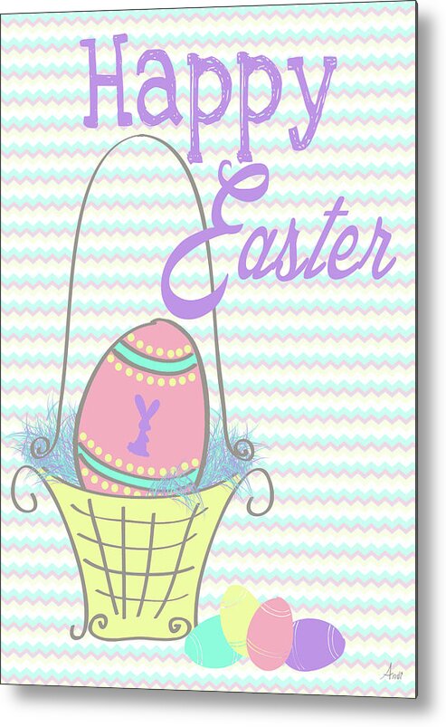 Happy Metal Print featuring the mixed media Happy Easter Basket by Andi Metz