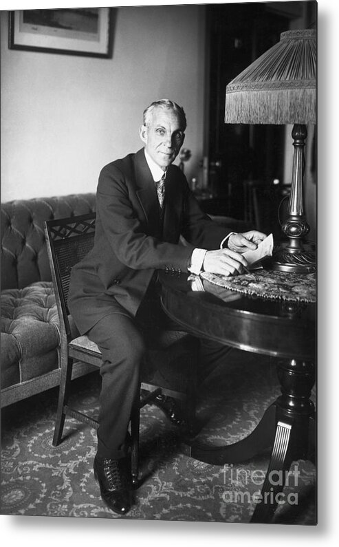 Henry Ford - Founder Of Ford Motor Company Metal Print featuring the photograph Henry Ford Seated In New York Hotel Room by Bettmann