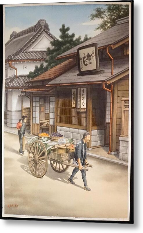 Nature Metal Print featuring the painting Japanese Woodblock Print Vivid Colors Signed H. Saito Street Scene Man Cart by Celestial Images