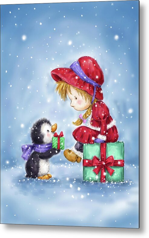 Little Girl And Penguin 1 Metal Print featuring the mixed media Little Girl And Penguin 1 by Makiko