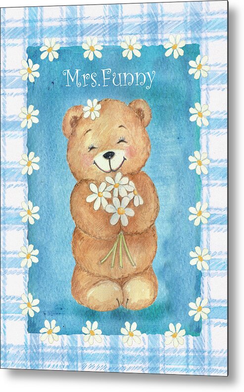 A Bear Named Mrs. Funny Holds Daisies In Her Hands With A Big Smile. Daisies Surround Her With A Plaid Border. Metal Print featuring the painting Mrs. Funny by Maria Trad