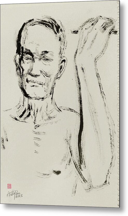 Old Metal Print featuring the painting Old man with wall-ArtToPan drawing- character freehand brush sketch by Artto Pan