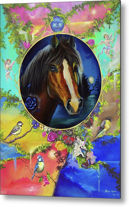 Brown Horse Framed By A Fantastical World Metal Print featuring the painting One Moment In Time by Sue Clyne