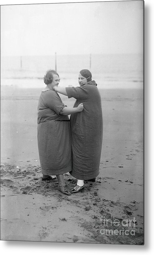 Mid Adult Women Metal Print featuring the photograph Overweight Women Sparring At Beach by Bettmann