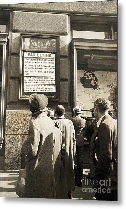 Crowd Of People Metal Print featuring the photograph People Reading War Bullitins At Ny Times by Bettmann
