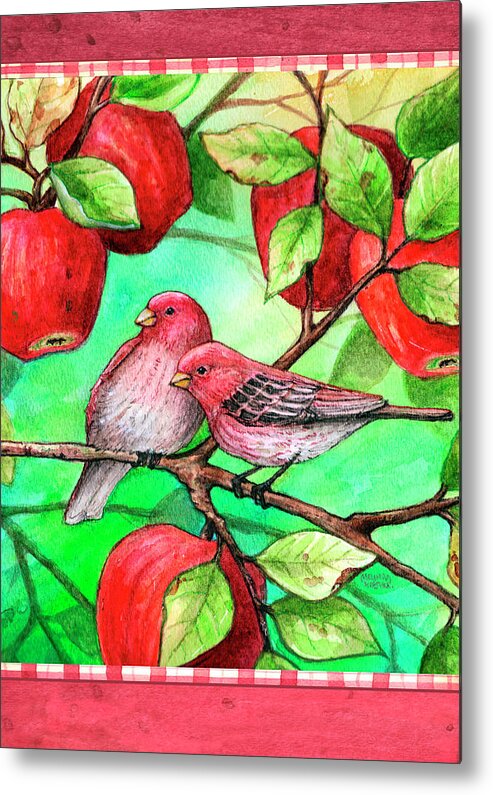 Red Birds In Apple Tree Metal Print featuring the painting Red Finches With Apples by Melinda Hipsher