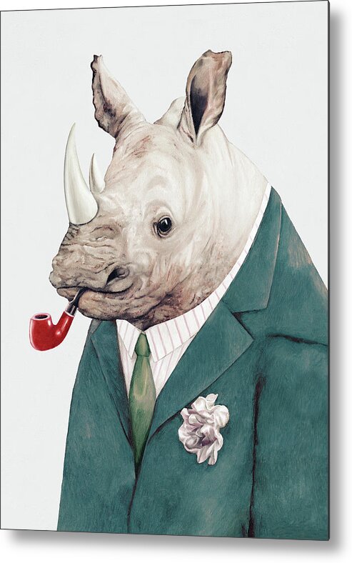 #faatoppicks Metal Poster featuring the painting Rhino in Teal by Animal Crew