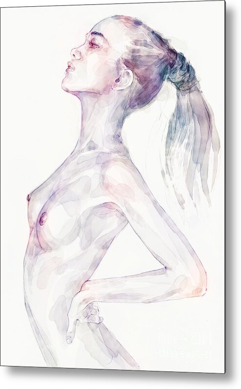 Watercolor Metal Print featuring the painting Sensual pose aquarelle portrait of a girl by Dimitar Hristov