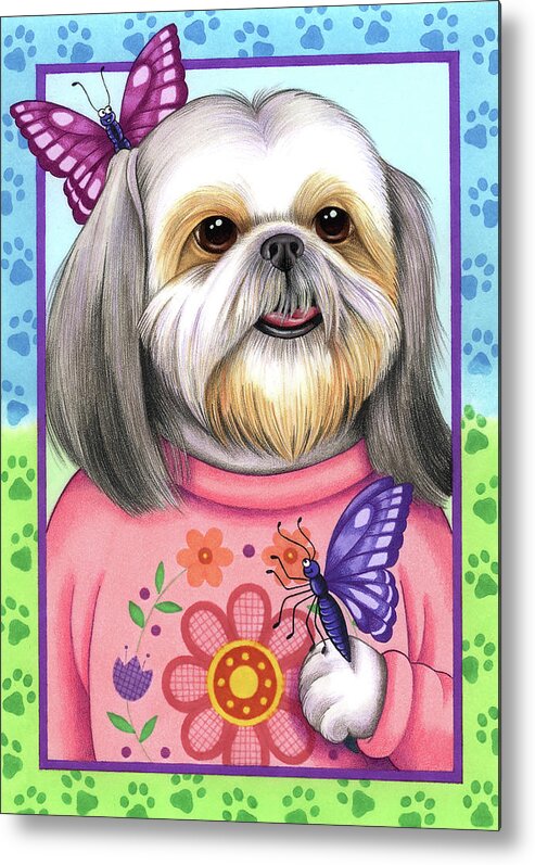 Shihtzu Butterfly Metal Print featuring the mixed media Shihtzu Butterfly by Tomoyo Pitcher