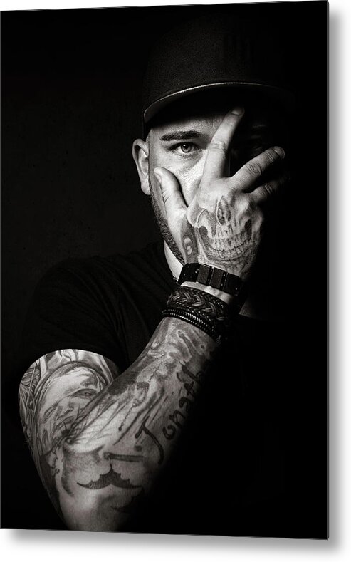 Skull tattoo on hand covering face Metal Print by Johan Swanepoel - Fine  Art America