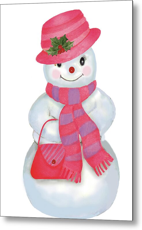 Snowlady With Purse And Pink Scarf Metal Print featuring the painting Snowgirl Hat by Maria Trad