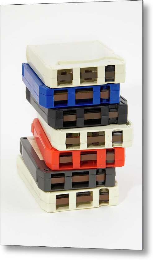 White Background Metal Print featuring the photograph Stack Of 8-track Tapes From The by David Mcglynn