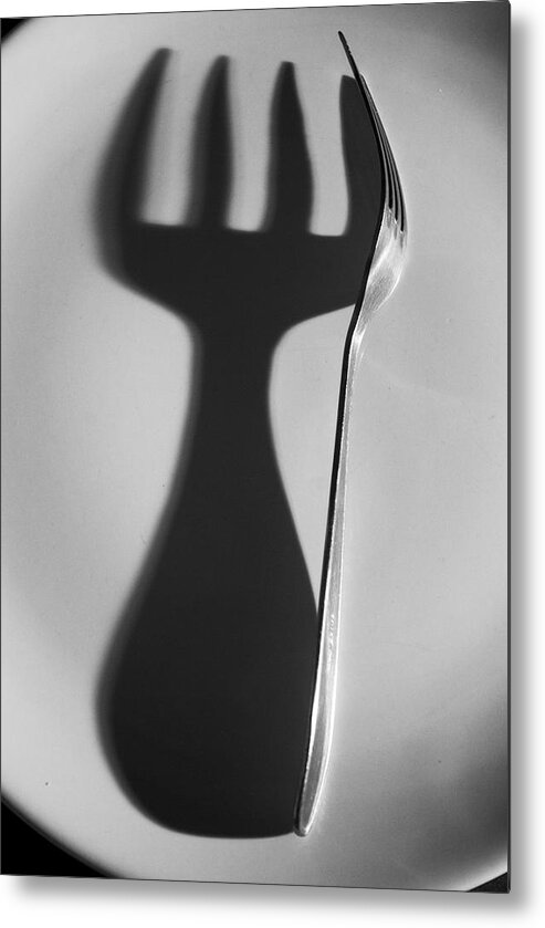 Shadow Metal Print featuring the photograph Steel Fork And Its Shadow On Plate by Neus Pastor